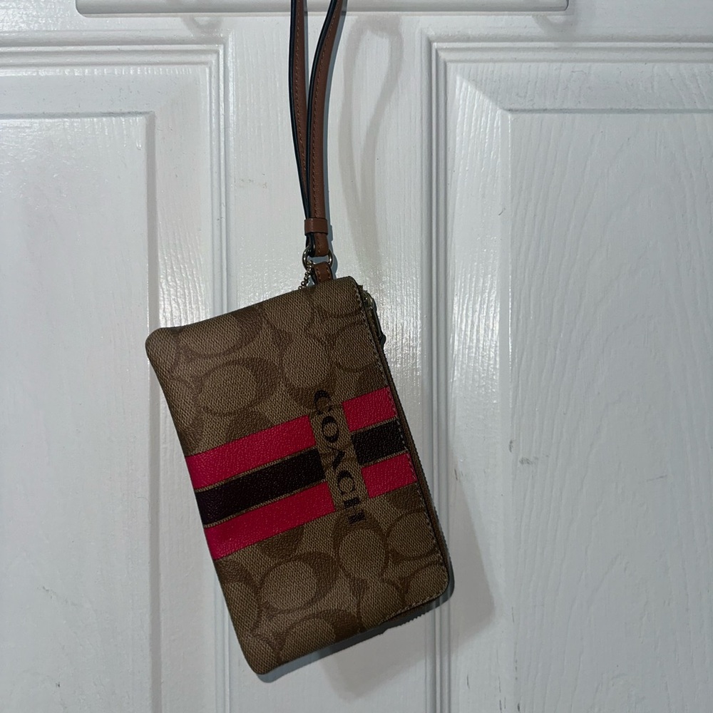 Coach Brown Wristlet with Red and Black Stripes